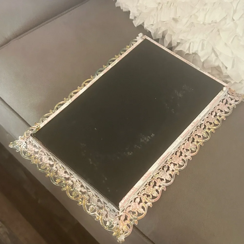 Gorgeous Vintage Pink Roses Brass metal glass serving or Vanity Tray Upcycled